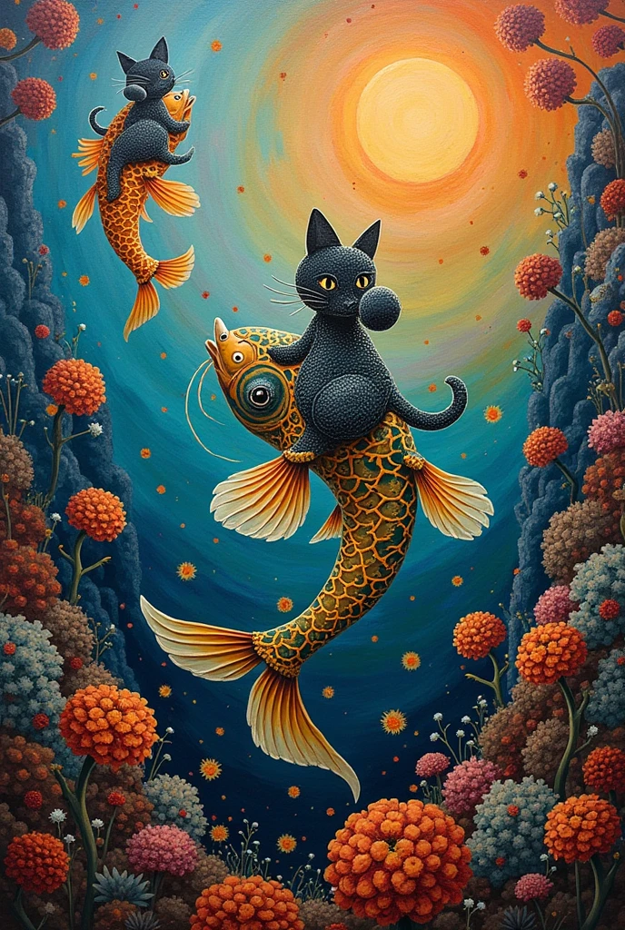 Surrealist Paintings Inspired by Paintings of Fish with Cats on Their Back、indigenous art、Artist Unknown、 Oil Paintings on Canvas and Aliens 、Norman･Mingo Paintings 、 Surrealist Paintings 、Inspired by Tadanori Yokoo