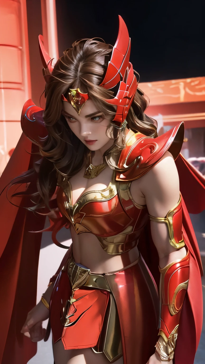 (close up:1.2), Top quality, masterpiece, ultra high definition, Original photo, 1 Girl, ((slim body)), ((wavy brown long hair)), cinematic lighting, detailed eyes, wind, necklace, piercing, ((metallic cosplay)), ((ironic outfit)), ((visible cleavage)), ((red armor)), ((electric cape)), ((waist)), ((pink helm)), ((glowing neon)), ((realistic)), in the palace, night weather, cinematic pose, full body view.