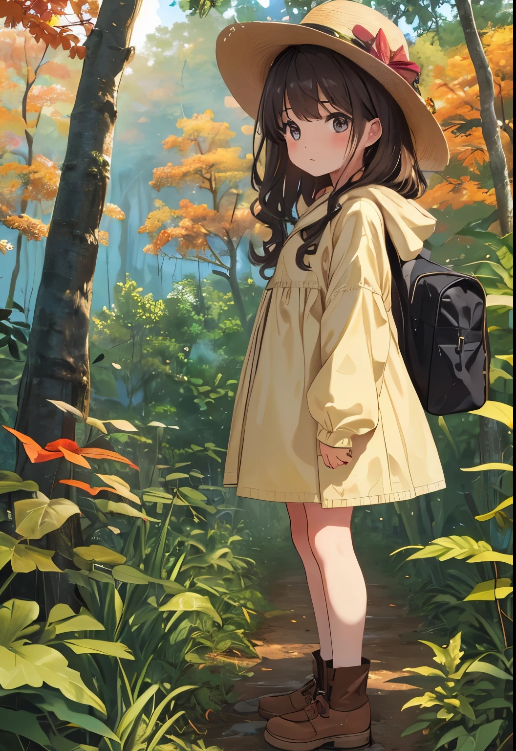  teenage  young girl 、Very short stature， toddr figure ，Dress like an explorer 、 hat like an explorer 、Brown Hair、 Her hair is medium length and curly、In the autumn jungle、 fall leaves for vaginal discharge，tree漏れ日のイメージ、8k、 in the autumn jungle 、 heading into the forest 、From the back、cute、 the sunlight shines through 、 woman looking from the side 、tree々 The woman is slightly far away 、 looking at a woman from a distance 、 shorts、 looking up at the sky 、 alone in the distance 、 pretty far 、Landscape painting