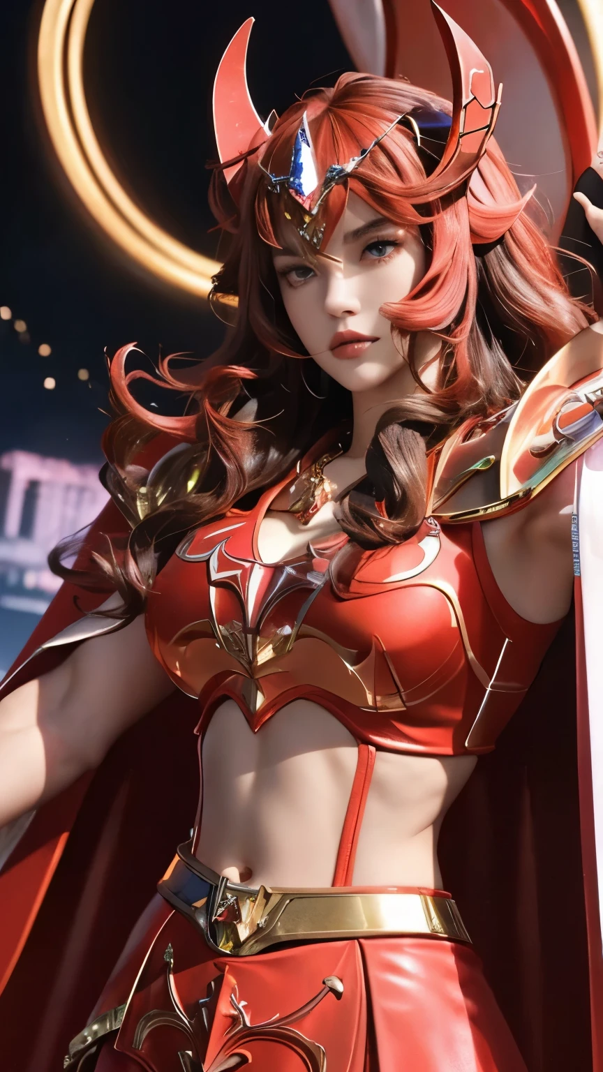 (close up:1.2), Top quality, masterpiece, ultra high definition, Original photo, 1 Girl, ((slim body)), ((wavy sardine)), cinematic lighting, very long hair, detailed eyes, wind, necklace, piercing, ((metallic cosplay)), ((ironic outfit)), ((visible cleavage)), ((red armor)), ((electric cape)), ((waist)), ((pink helm)), ((glowing neon)), ((realistic)), in the palace, night weather, cinematic pose,