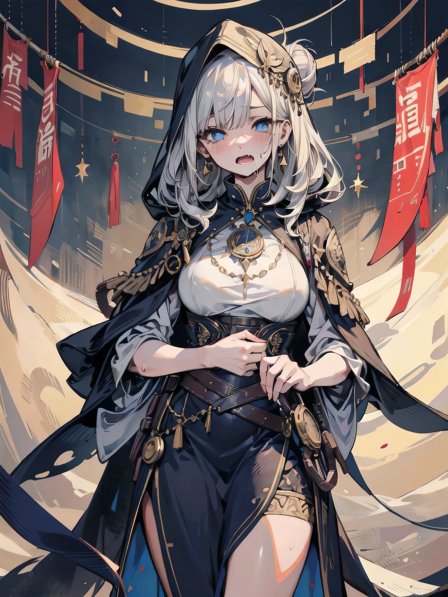 Cover magazine, anime, A cat-eared girl. Her short hair is gray, her eyes are reddish yellow. She has dark skin. She smile to viewer. Her bangs were trimmed with a slight sideways braid to expose her forehead. A simple golden sun symbol was painted on her forehead. There was a pair of gold ornaments in the shape of parallel petioles on her head that were beautifully arranged to resemble a tiara. Her black cat ears were polished so that they were slightly silvery. Gold rings can be seen encircling her tail and ears. Her style is Middle Eastern, Arabian style. Her clothes are typical of the Sultanate family (princess) and are dominantly white complete with various jewelry as accessories.