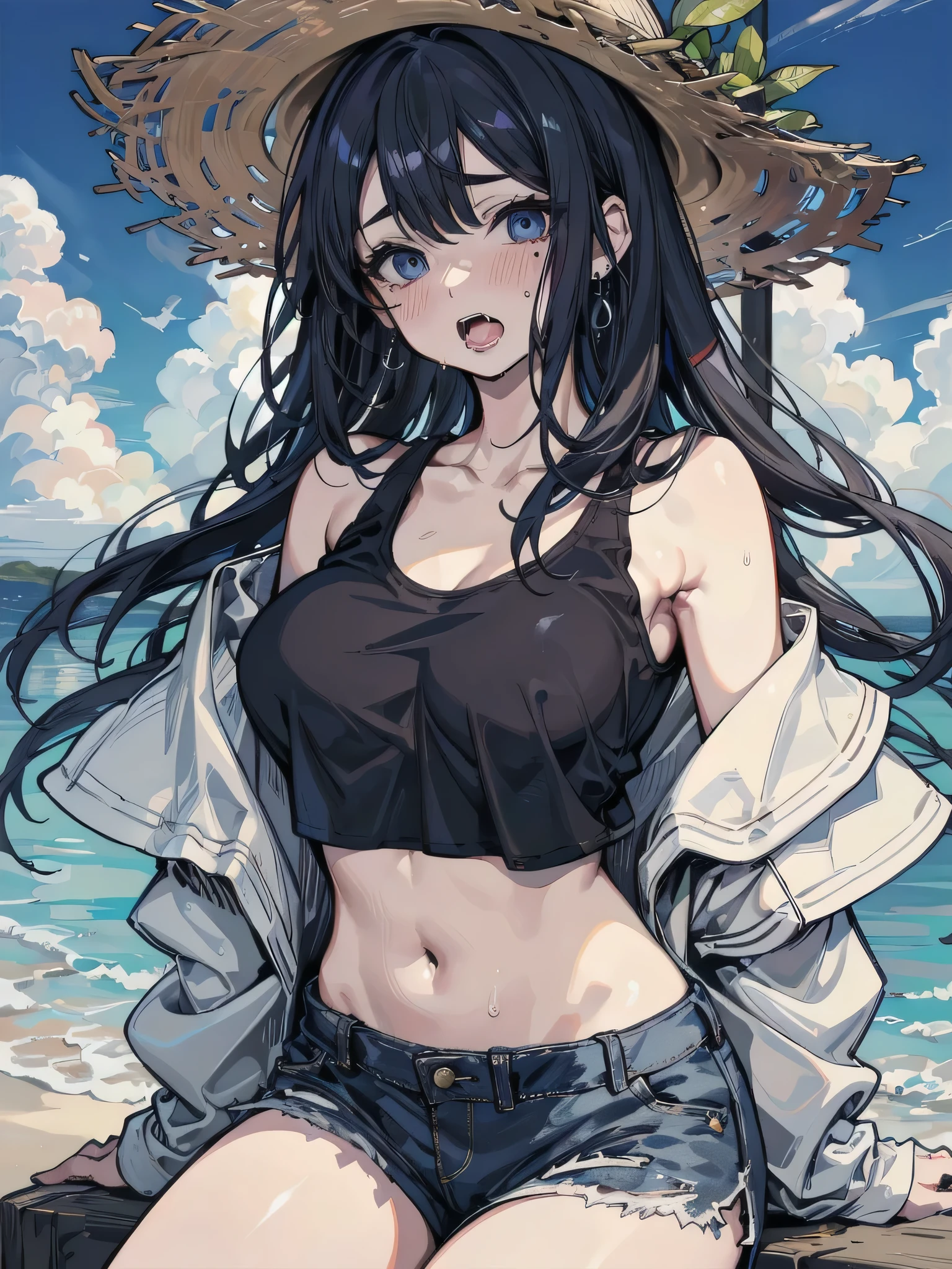 NSFW, beautiful short boy, half naked body, black midnight messy wolfcut hair, bangs, shining sparkly black eyes, feminine face and body, Shota, masterpiece, 8k, photorealistic, chiaroscuro lighting, dramatic shadows, cinematic composition, coast background