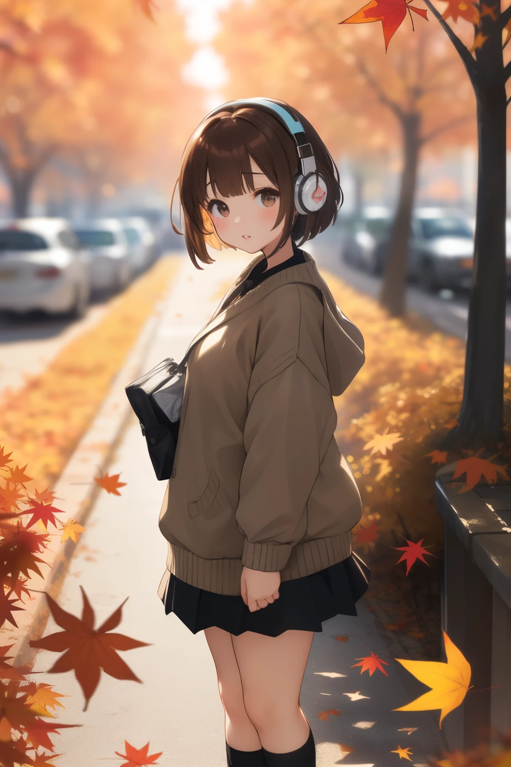  score_9,  score_8_up,  score_7_up,  score_6,  score_5_up,  score_4_upanime break，sonyの headphonesを着用している:1.5、 headphones、 one very young girl、chubby magical girl 、Very short stature， toddler figure ，perfect anatomy、 plump lips、Brown Hair，Unique hairstyle、A look of doubt、modern big sweaters、 knee socks、((( blurry background、Autumn Street Corner 、 fall leaves for vaginal discharge，Daily Scenery)))、Best Quality、 high resolution on down、 high resolution on down、 Movie Lighting， professional photographer fluttering like the wind， Girl Temptation，