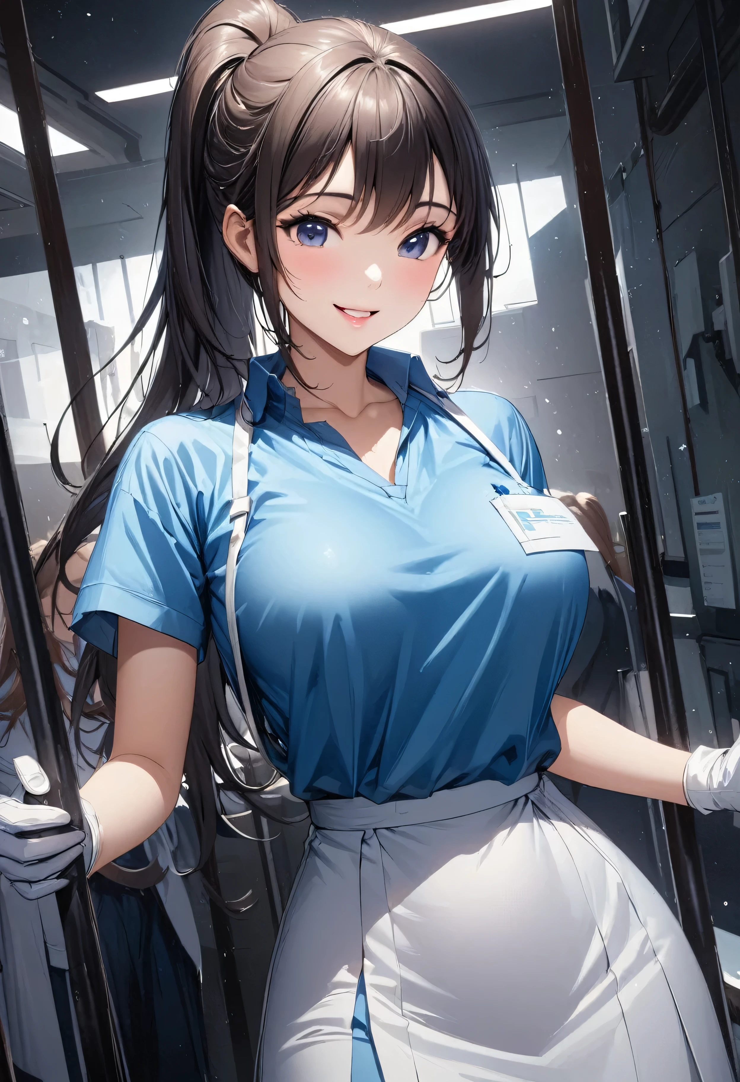 Beautiful girl 、Age 30、Best Quality、Ultra-precision、Detailed drawing、hospital、white doctor clothes 、 blue v-neck shirt 、White Skirt、 black stockings in a dark prison、 white gloves、Sharpness、 ponytail、Vivid colors、smile、 beautiful slender figure、Beautiful big boobs、Accurate depiction、 CG illustration 、
