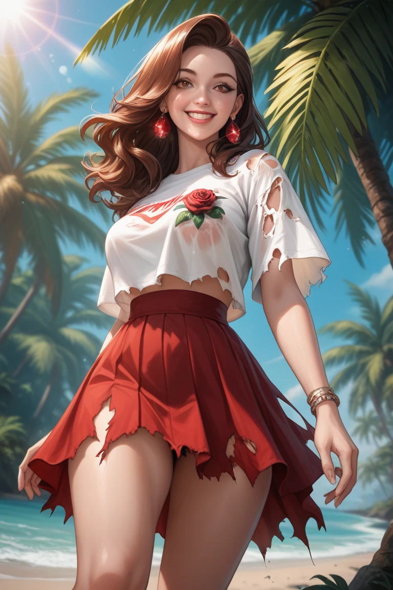 (((masterpiece))), Create an ultra-high resolution image with photorealistic details, 8K quality, sharp focus, and impeccable lighting. Utilize advanced rendering techniques, ray tracing, and global illumination for maximum realism.

Of a very curvy woman, on a deserted tropical island. She has (ivory skin), and (soft rose lips), and a (gentle, warm smile). She has (long brown hair). Her face has (deep brown eyes) and (warm brown eyeshadow). (Delicate ruby stone earrings).Emphasis on (breasts:0.9) and (ass:0.9).

Outfit: Wearing a (soft, white oversized button-down shirt that’s loosely tied at the waist, visibly (torn0.5)) and , a (loose worn, airy red skirt made of soft,cotton fabric with visible (torn:1.4)). Barefoot.

Pose and Setting: Standing, exuding a graceful, serene presence. The background includes (bright daylight), gentle waves below the beach, and a soft breeze in her hair. Shot with a 50mm lens, light bokeh, depth of field, (focus from the front, focus on her breasts, from below, to (capture a (erotic:1.3) atmosphere).