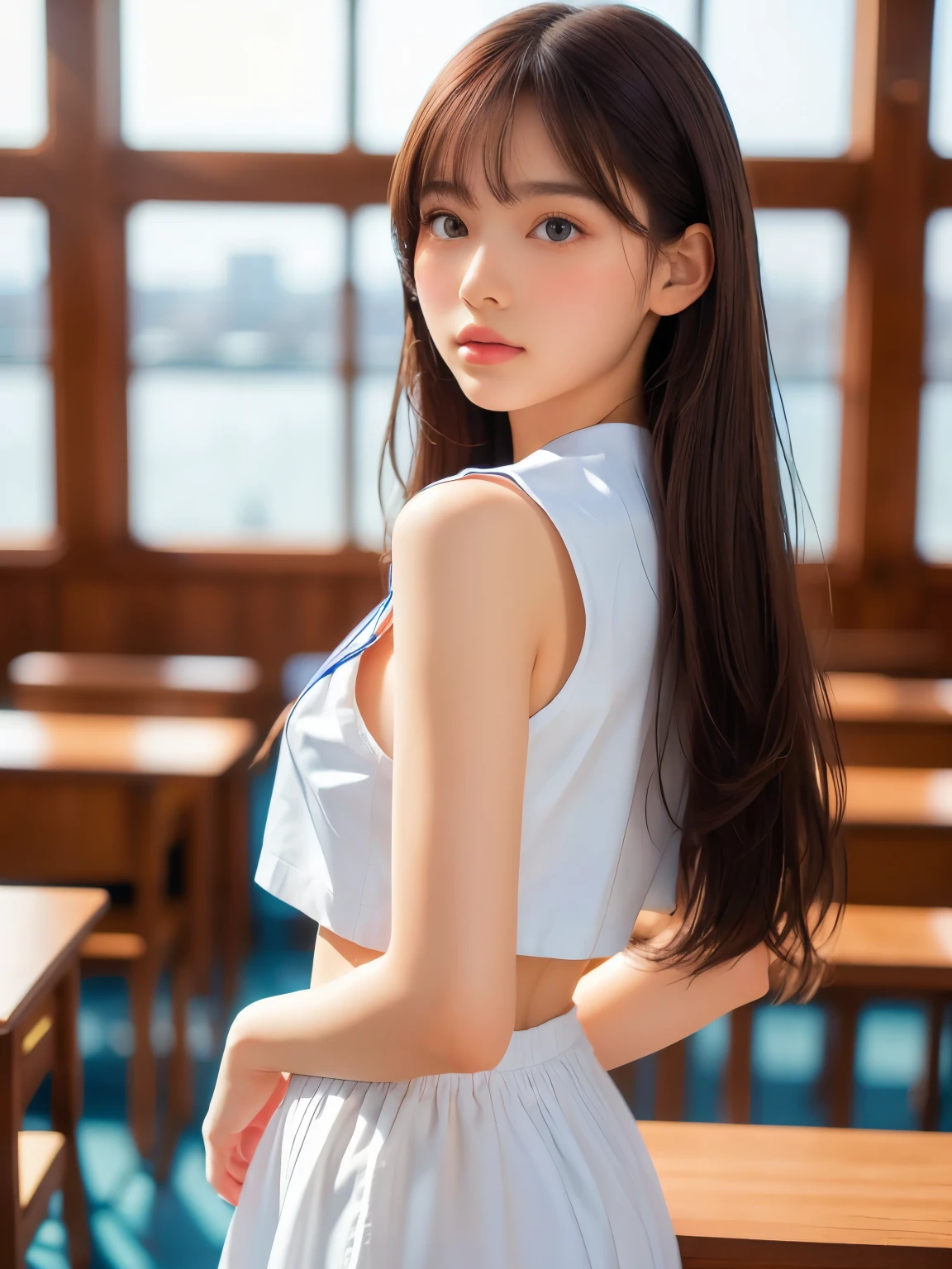 ((masterpiece, highest quality, High resolution)), 1 girl, (Realistic: 1.4), Beautiful face, Beautiful Hair, Beautiful eyes, Glowing Skin, ************, Sailor suit, classroom, Standing, navel, above waist, Side angle, sunshine, Backlight, Professional photographer photography