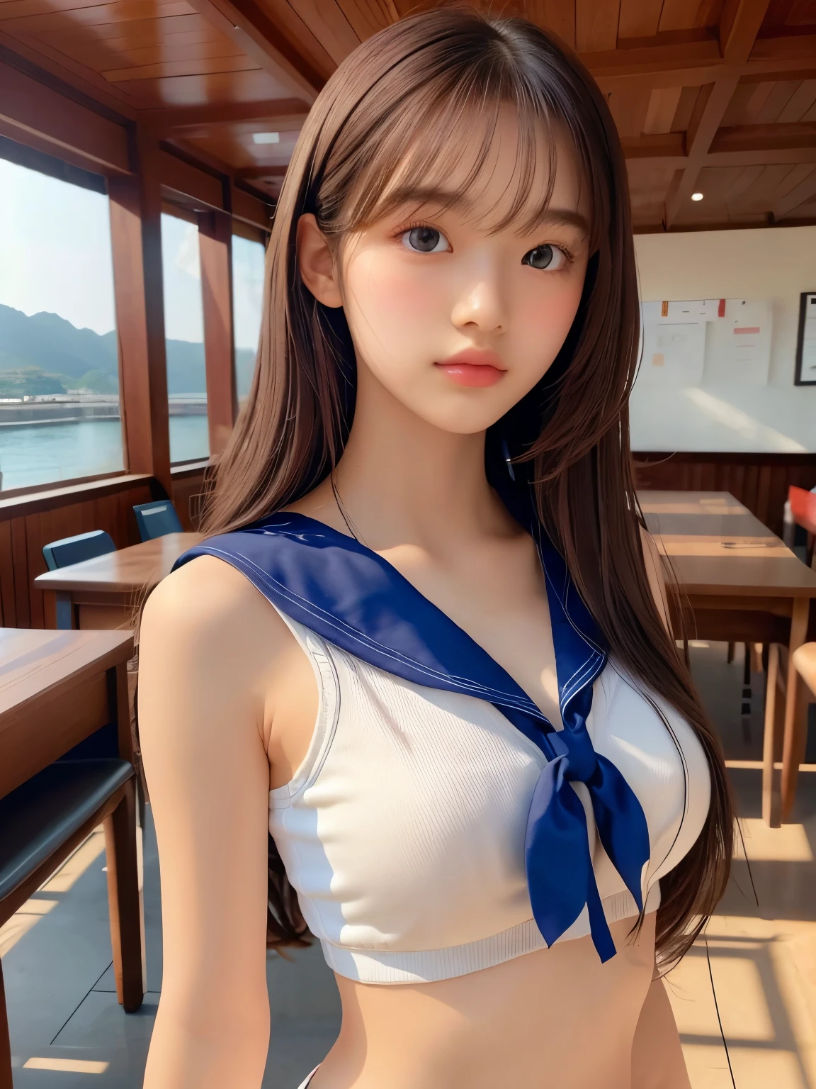 ((masterpiece, highest quality, High resolution)), 1 girl, (Realistic: 1.4), Beautiful face, Beautiful Hair, Beautiful eyes, Glowing Skin, ************, Sailor suit, classroom, Standing, navel, above waist, Side angle, sunshine, Backlight, Professional photographer photography