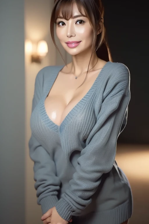   beautiful Japanese mature woman with lots of fine lines on her skin ，40 years old，  down in high resolution , masterpiece,   inflamed skin  ,   very detailed, Realistic, Professional Lighting ,  deep border  , sharp, (   gray background :1.2), (Front View：1.2),(  Japanese Mature,  45 year old women are sexy  :1.0),  Detailed aspect  ,   beautiful eyes, bangs,  Big balanced breasts   ,    light brown straight hair  , Faint lips, 優しいsmile, smile, (Catch Eye:1.3),((Stand in front、 seen by the audience , Serious face eyes,)), (Super Thin Blue Sweater   :1.2),,   