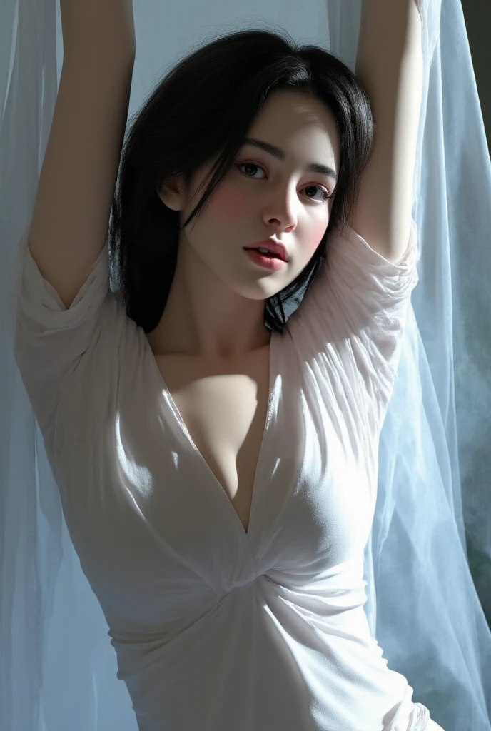 image of half naked woman, sheer white blouse, extremely detailed artgerm, drawn in artgerm style, artgerm and atey, artgerm style, ig template | artgerm, artgerm style, artgerm style, artgerm. high detail, "(((realistic))), ((((woman)))), straight from real life, with (hair_black) short black hair, sleeping on her back, in a bed wearing (panties_white) white panties, navel and armpit showing, eyes closed