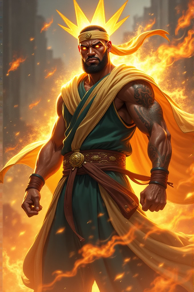 Man, 30 years old, short black and black hair, with black beard, short messy hair, dark brown skin, yellow eyes, djinn clothing, open gold sleeveless vest, black vest with black Arabic print, black Arabic pants, gold belt, djinn bracelet with gems, black boots, brown boots, black phosphorescent tattoos, surrounded by fire and red smoke with magic circles with chains tied to hands and feet surrounded by white chains on a background of arabic ruins. with magic circles and horns with bowls of fire on their heads, slim and muscular build