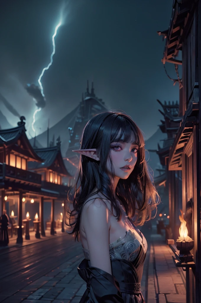 ( super detailed faces on a mountain road at night,  facing sideways,  gothic fantasy illustration , Ukiyo-e, Comic art), 
break 
(Dark Elf: この中年のDark Elfの女性は銀髪をしている,  short bang,  Had, dark purple skin, Lavender eyes.), 
break 
(Dark Elfの女性航海士は、 a tight blue and white swirly sailor dress and 、 wearing sandals with the same pattern 。.), 
break 
(Dark Elfの女性航海士が高速船の操舵室で舵輪を操作している,  a medieval galley-shaped flying boat that travels through a space where seven colored flames swirl .)