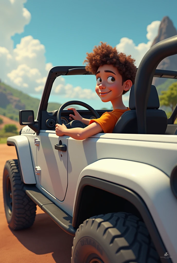 Crie um cartaz inspirado na Disney Pixar com o personagem sendo um homem de cabelo preto, jovem, concertando um carro em uma oficina.