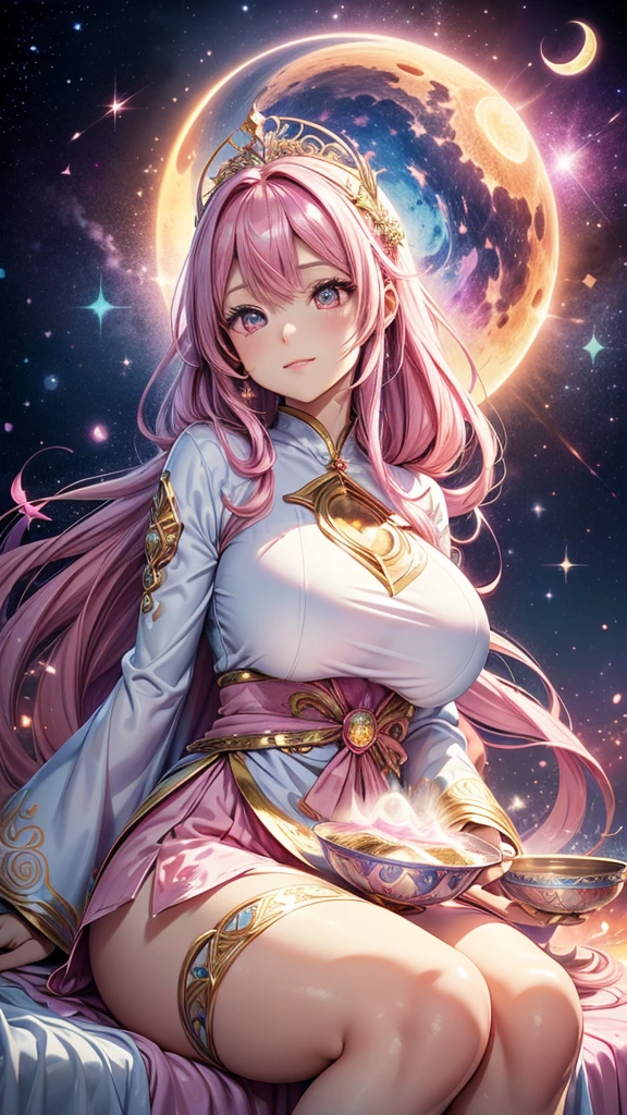 8k ⒉5D Real Japanese Comic Girl Style pink hair adorned with decorative golden horn-like accessories and colorful flowers. They are wearing a white outfit embellished with whimsical designs, and they have a cape featuring motifs of stars and moons.
The character is sitting in a cup or bowl filled with a swirling liquid that resembles the cosmos, complete with stars and galaxies. In the background, there is a large, fantastical crescent moon, with artistic swirls radiating from it, creating a magical and mysterious atmosphere. The overall color palette should be soft and pastel, evoking a dreamlike fantasy world.