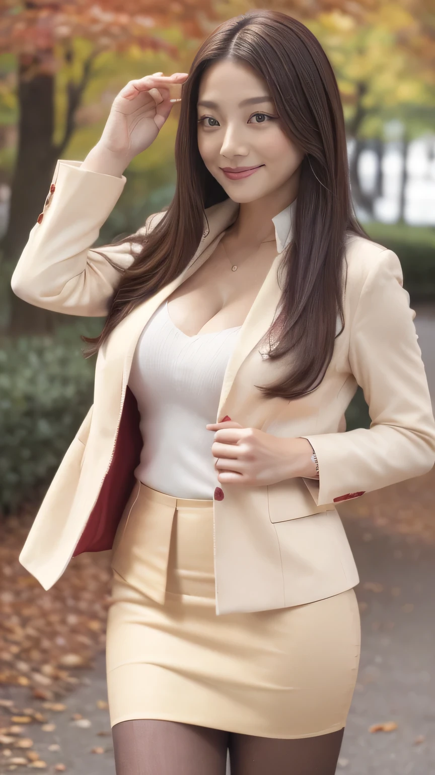 Best Quality 、8k、masterpiece、  Ultra High Definition  、Clear Photo、 Professional Lighting 、Natural Light、Realistic、 High Definition Skins 、 Perfect Anatomy、  one woman、Age 30、baby face:1.8、Big Breasts、blonde、Beautiful Hair、smile、(red tight suit 、  jacket、 white v neck rib knit 、  cleavage、 pencil skirt 、 pantyhose)、(( autumn park、  lots of fallen leaves  ))、Standing pose、((( Full Body Shot 、  looking at camera)))