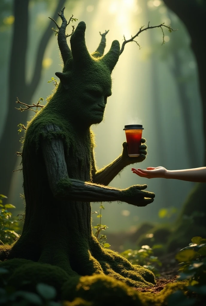 Create an image of a tree trunk with mosses in the illuminated forest, wooden arms giving a disposable cup with dark brown liquid to a human hand 