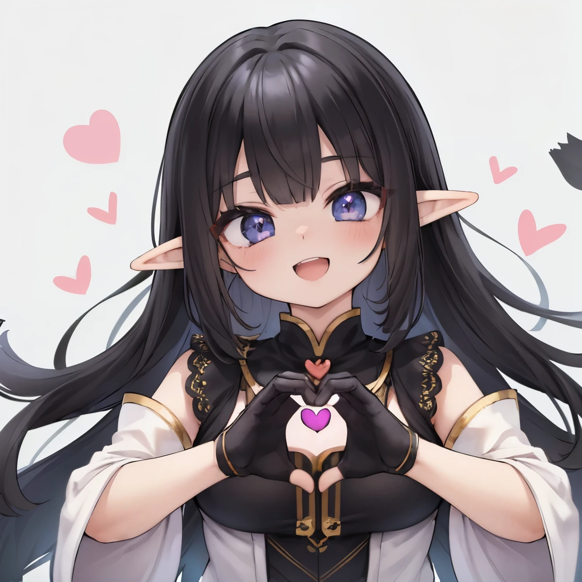 8K,(masterpiece),high resolution,best quality,(ultra-detailed),ultra detailed eyes,girl is elf,(black color hair:1.1),(inner hair color is white:1.5),BREAK,(happy smile,shiny skin,earth eyes,long hair,elf ear),open mouth,(wear fantasy wide sleeves,short pants:1.1),White background,(heart hands:1.4),from front,(focus upperbody:1.2)
