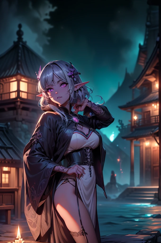 ( super detailed faces on a mountain road at night,  facing sideways,  gothic fantasy illustration , Ukiyo-e, Comic art), 
break 
(Dark Elf: この中年のDark Elfの女性は銀髪をしている,  short bang,  Had, dark purple skin, Lavender eyes.), 
break 
(Dark Elfの女性航海士は、 a tight blue and white swirly sailor dress and 、 wearing sandals with the same pattern 。.), 
break 
(Dark Elfの女性航海士が高速船の操舵室で舵輪を操作している,  a medieval galley-shaped flying boat that travels through a space where seven colored flames swirl .)