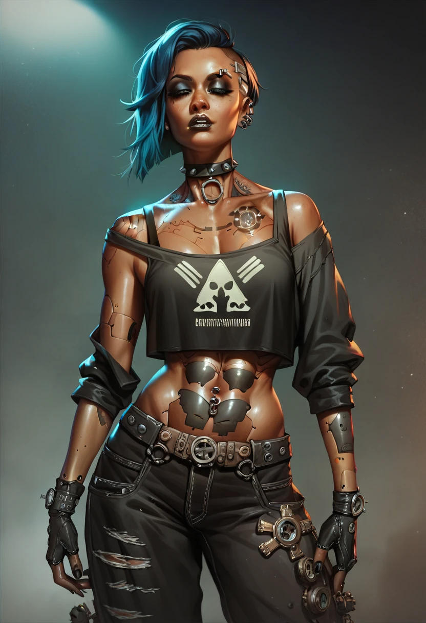 An girl outfit for a character from the series arcane, grunge/goth dark clothes, dark skin, dark , fluo, baggy pants and clothes, detailed clothes, Steampunk, cyberpunk, very detailed 