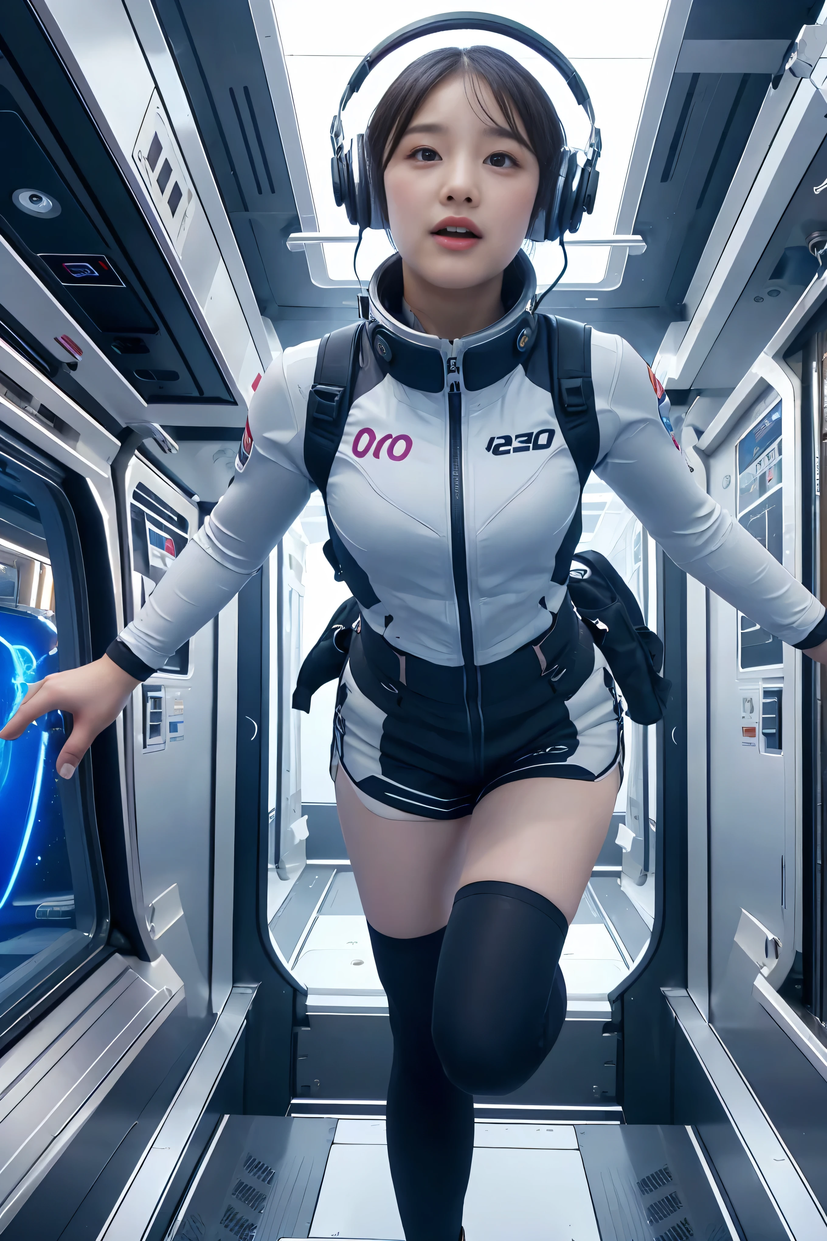 top-quality,Top image quality,in 8K,4K,masterpiece,Ultra-detailliert,beautiful,Ultra-quality, best quality,expensive resolution, Ultra- Details,Game CG,dutch angle,( acrobatic pose ):5,jumping:5,(inside spaceGet up to the station,)beautiful Details eye,five refer to, headphones,nsfw,a Beauty girl,( astro vest ):5,(Tracking uniFormss),Wet,(steam:1.5),Running Forms,open open mouth,(Black Hair),( short hair while standing):2,Big Breasts,belly button,space_Get up to the station_interior, exercise _room, Futuristic, expensive_ acrobatic pose {x} like technology , zero_gravity_ exercise _machine, expensive_resolution_landscape, Sophisticated_ design, Minimal, 8k_resolution, Game_CG_ style , Dutch_angle, Details_ Characters, Tracking_uniForms, perfection_ Running_Forms, intense_Performance, Details_eye, Determination, steam:1.5, Beauty, Strength, five_refer to, visible_belly button, open_mouth, Ultra_quality, expensive_resolution, Ultra_ Details, astro vest