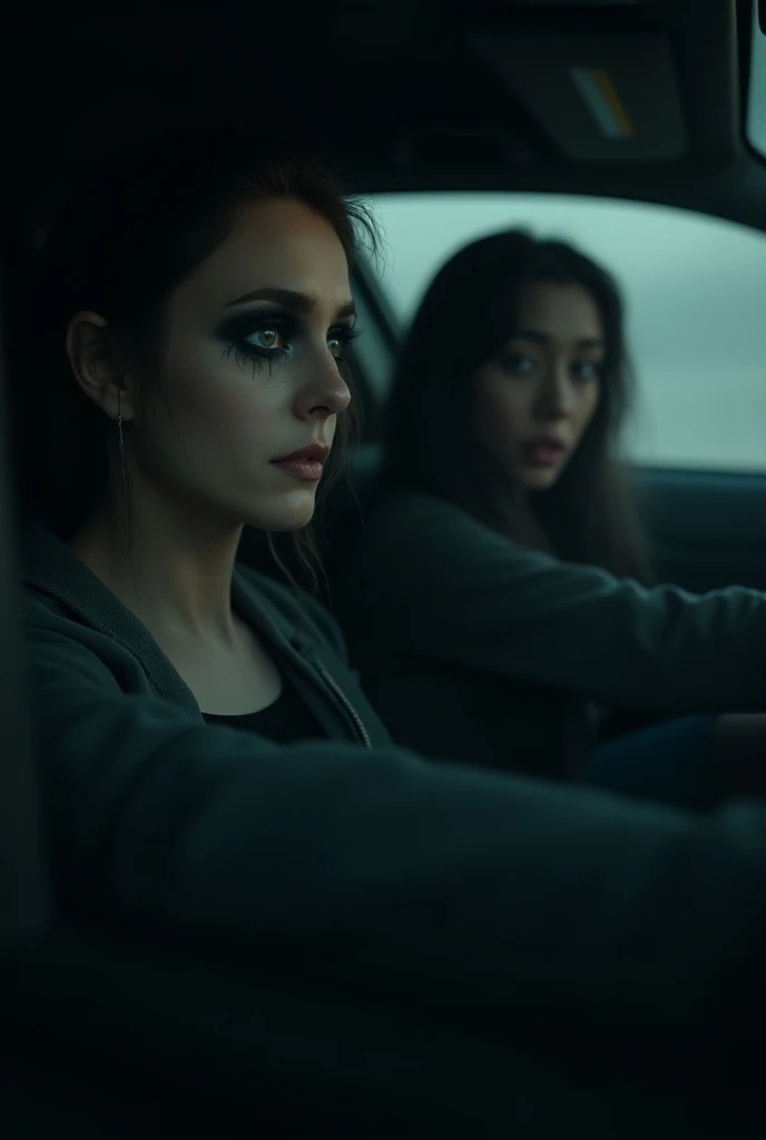 a portrait of a goth girl driving a car, car crash, pressed in an airbag, looking angry, 1girl, solo
<lora:AirbagCrashWomanXDL:0.6>