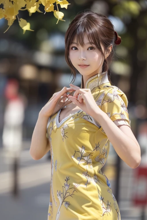 Photo-realistic quality、Japanese model posing for kung fu wearing a blue china dress、The background is a row of yellow ginkgo trees 、 looking at camera、Rin々A good appearance、Detailed and beautiful eyes、Cute smile、 soft and gentle expression 、 cleavage