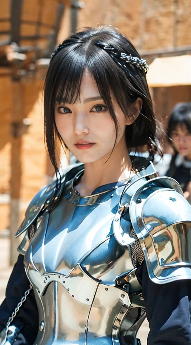 masterpiece、最 high quality、 high quality、Black Hair、female knight、 medieval armor、Medieval Armor、Silver Sword、Big Breasts、Angry expression、Rin々A funny expression、 Extraordinary Beautiful Girl 