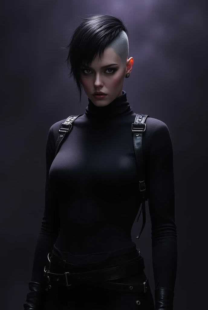 Cyberpunk woman posing for a photoshoot, bizarre fashion, sexy outfit, seen from behind, punk fashion, thong leotard, bodysuit, sensual pose, cyberpunk style, showing her booty.