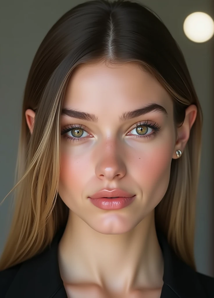 (photo realism 1.2) Pretty, very realistic woman with a square jaw, a thin, closed mouth. the chin smooth. Very detailed dark green eyes and light brown hair that is smooth and long to the collarbones. very detailed