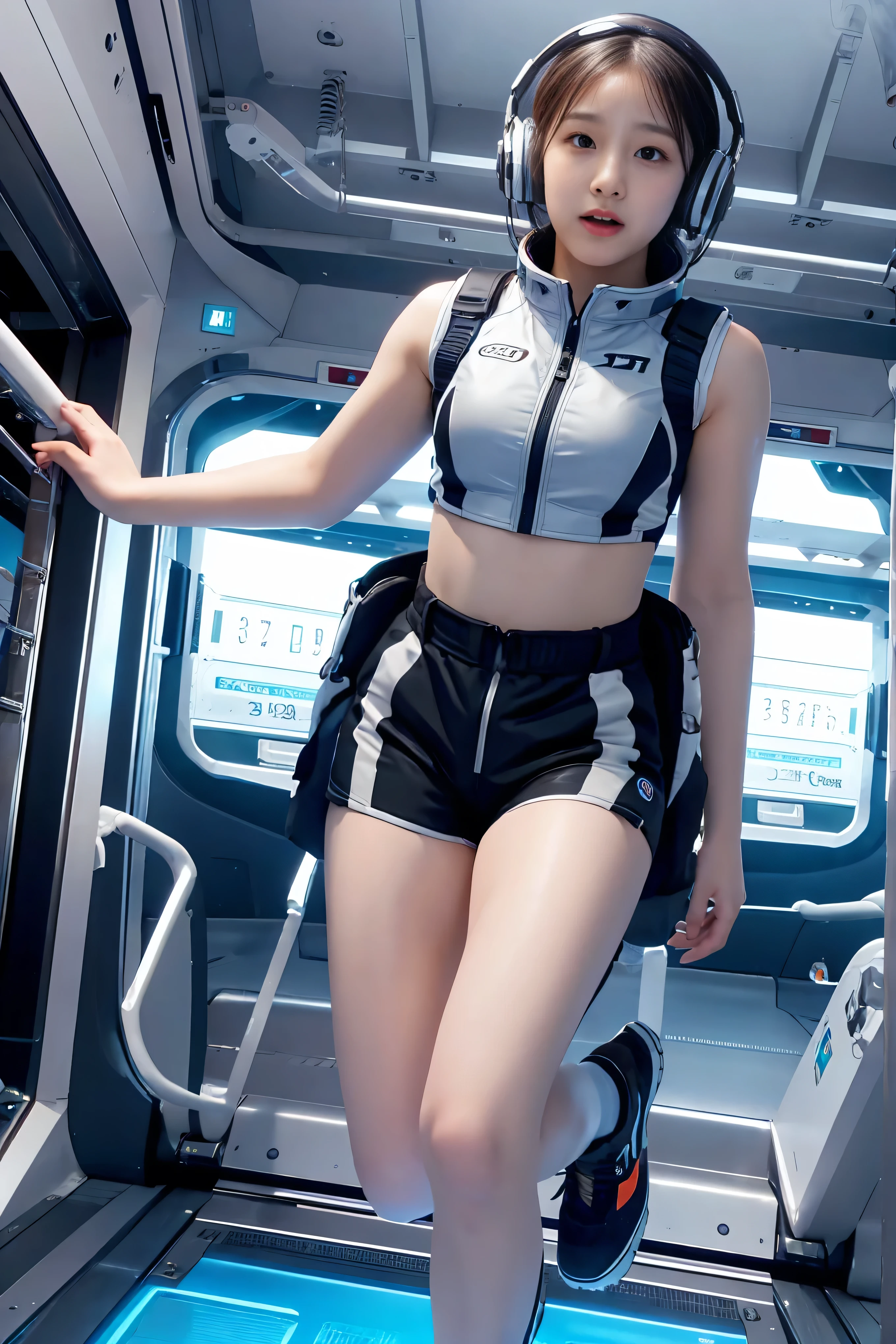 top-quality,Top image quality,in 8K,4K,masterpiece,Ultra-detailliert,beautiful,Ultra-quality, best quality,expensive resolution, Ultra- Details,Game CG,dutch angle,( acrobatic pose ):5,jumping:5,(inside spaceGet up to the station,)beautiful Details eye,five refer to, headphones,nsfw,a Beauty girl,( astro vest ):5,(Tracking uniFormss),Wet,(steam:1.5),Running Forms,open open mouth,(Black Hair),( short hair while standing):2,Big Breasts,belly button,space_Get up to the station_interior, exercise _room, Futuristic, expensive_ acrobatic pose {x} like technology , zero_gravity_ exercise _machine, expensive_resolution_landscape, Sophisticated_ design, Minimal, 8k_resolution, Game_CG_ style , Dutch_angle, Details_ Characters, Tracking_uniForms, perfection_ Running_Forms, intense_Performance, Details_eye, Determination, steam:1.5, Beauty, Strength, five_refer to, visible_belly button, open_mouth, Ultra_quality, expensive_resolution, Ultra_ Details, astro vest