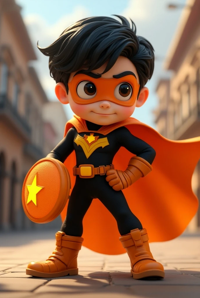superhero flying, best qualityer, yellow and black superhero, with cape and black hair
