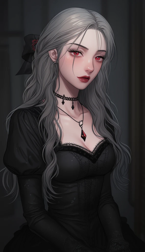 1girl, red eyes, pale skin, black dress, grey hair, full body, beautiful detailed eyes, beautiful detailed lips, extremely detailed face, longeyelashes, gothic portrait, photorealistic, 8k, masterpiece, ultra-detailed, dramatic lighting, moody atmosphere, chiaroscuro, dark fantasy, cinematic composition