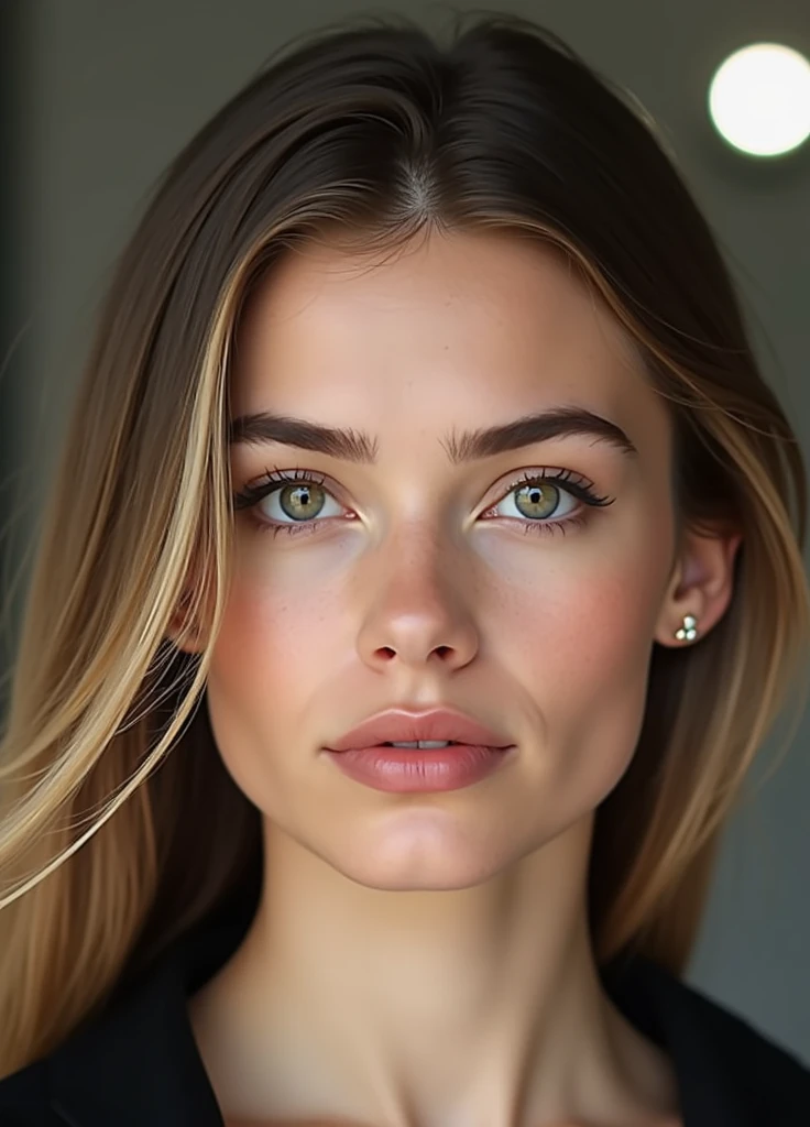 a extremely realistic and detailed photo of pretty swiss girl, tight black skirt, tight blouse with cleavage , perfect makeup, long sleek straight blonde hair with brown roots hair, high quality, photorealistic, elegant, confident, piercing eyes, full lips, olive skin, detailed realistic face, texture skin,4k, close up