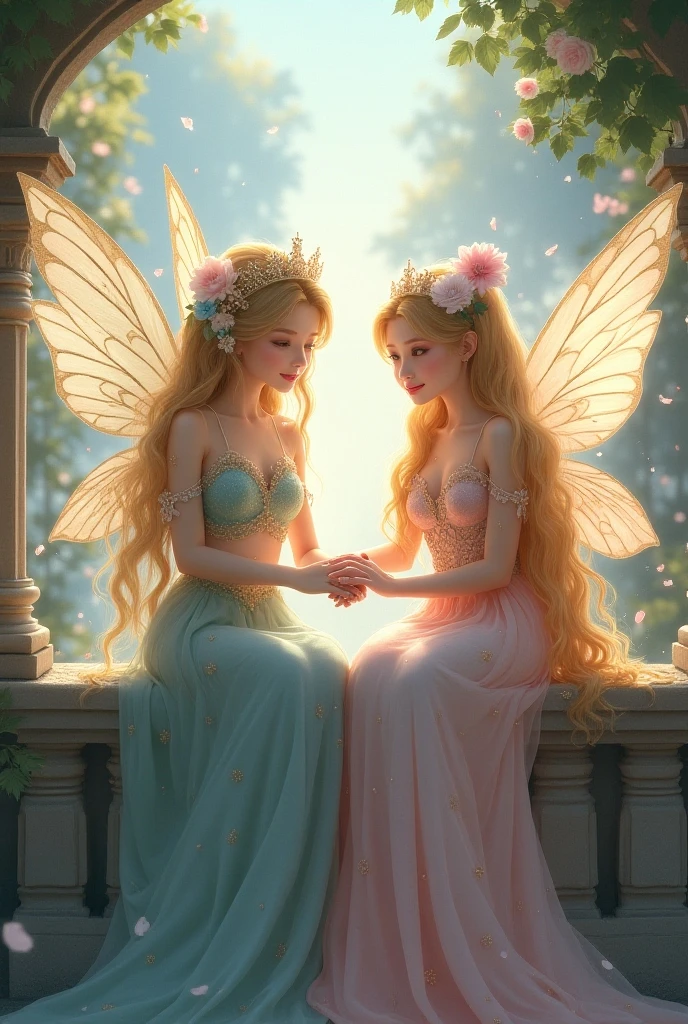 In Cinematic 3d cartoon style"two magical angels with yellow and pink colour dress wearing, angels looking ager queen girl, angels existing in the shade of trees,in the background of angels few butterfly, the wings of angels are very beautiful, season is spring,in morning with sunrise.