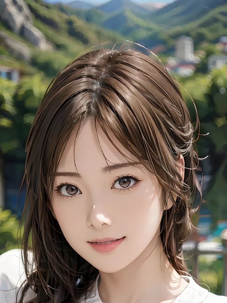  high resolution on down, 8k, Best Quality,  Details, Semi-realistic anime, 3D anime style,  Smooth Animated CG ,  one girl playing pranks,  A 20-year-old Japanese woman , slim, Modeling,  shiny brown hair,  Detailsな顔, Beautiful and  Details,  growing skin  ,  Hard Focus 、 film grain,  soft lighting,  watching the audience in the cloud , smile, (Mountain Climbing Girl 、Mountaineering clothing),  Mountain Views 、City and Ocean Views 