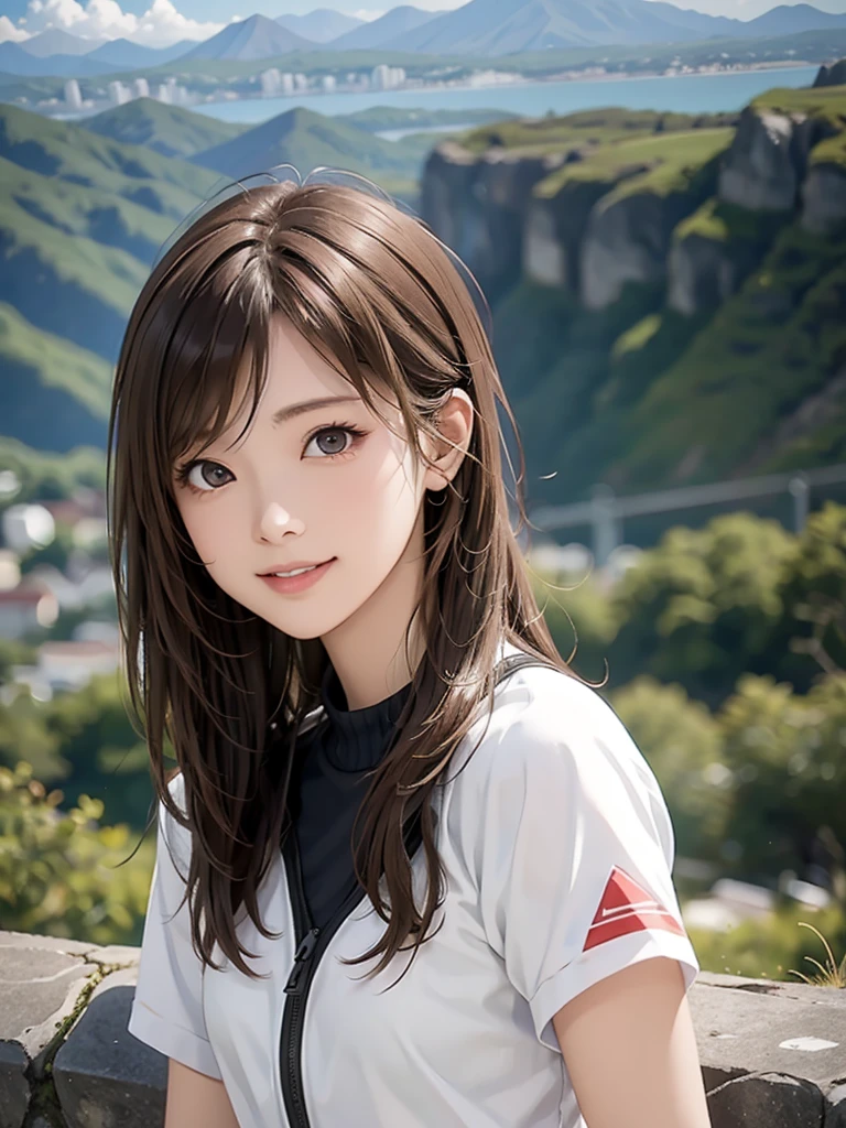  high resolution on down, 8k, Best Quality,  Details, Semi-realistic anime, 3D anime style,  Smooth Animated CG ,  one girl playing pranks,  A 20-year-old Japanese woman , slim, Modeling,  shiny brown hair,  Detailsな顔, Beautiful and  Details,  growing skin  ,  Hard Focus 、 film grain,  soft lighting,  watching the audience in the cloud , smile, (Mountain Climbing Girl 、Mountaineering clothing),  Mountain Views 、City and Ocean Views 