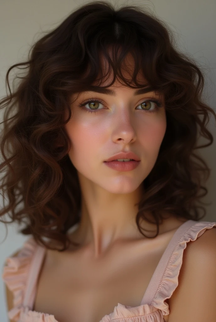 brunette of 1 meter and 60 centimeters with slightly pulled eyes with curly hair and hot