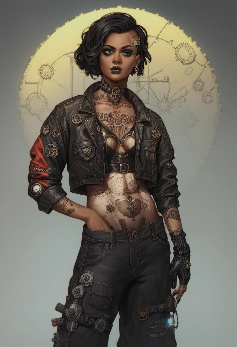 An outfit for a character from the series arcane, grunge/goth dark clothes, dark skin, dark , fluorescent, baggy pants and clothes, detailed clothes, Steampunk, cyberpunk, very detailed