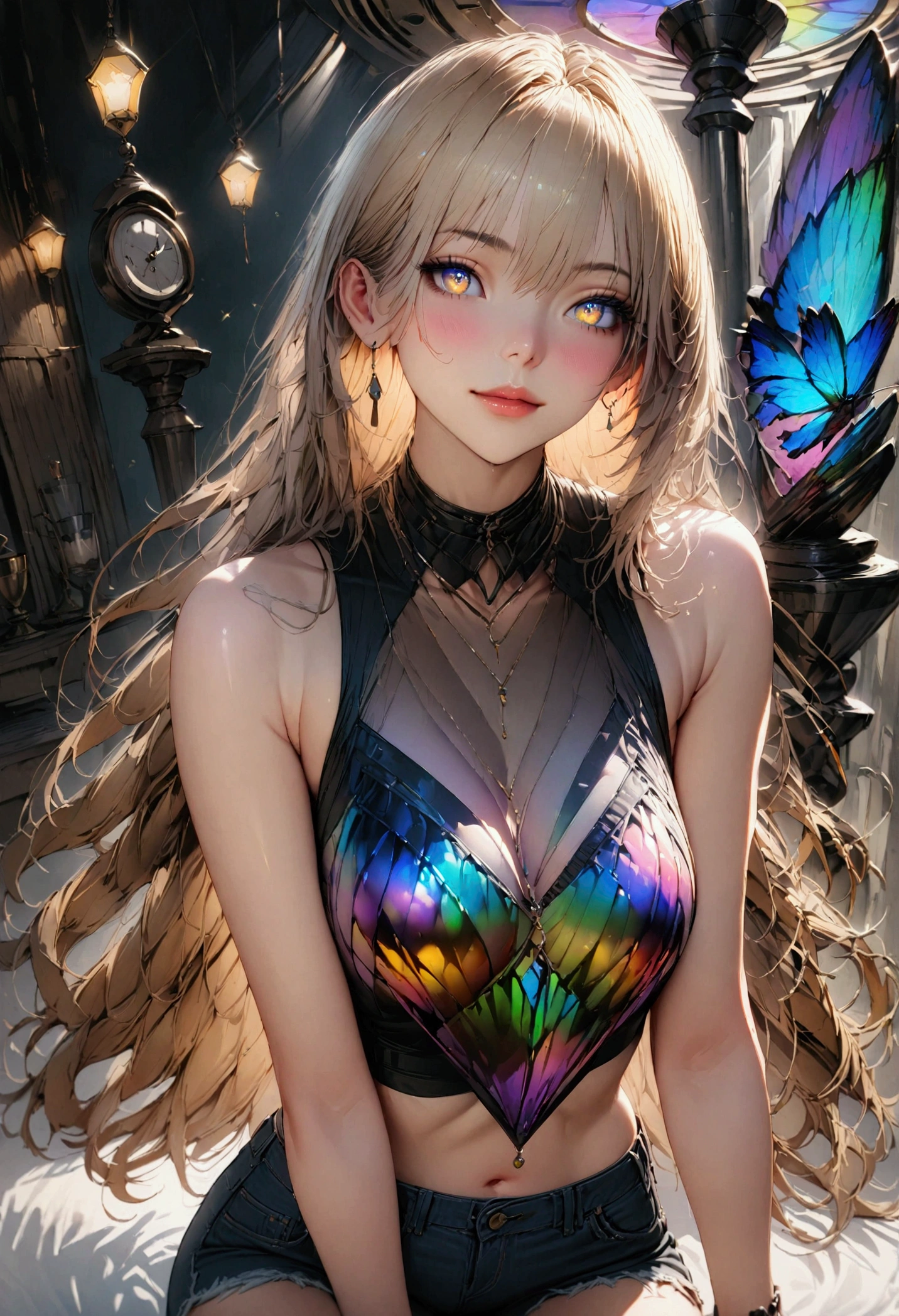 Realistic, (masterpiece, top quality, best quality, official art, beauty and aesthetics: 1.2), very detailed, fractal art, colorful, most detailed, zentangle, (abstract background: 1.5) (1girl), gods, blonde hair, long hair, (glowing blue eyes), big breasts, abs, mysterious, (magic), crystal, red black tights