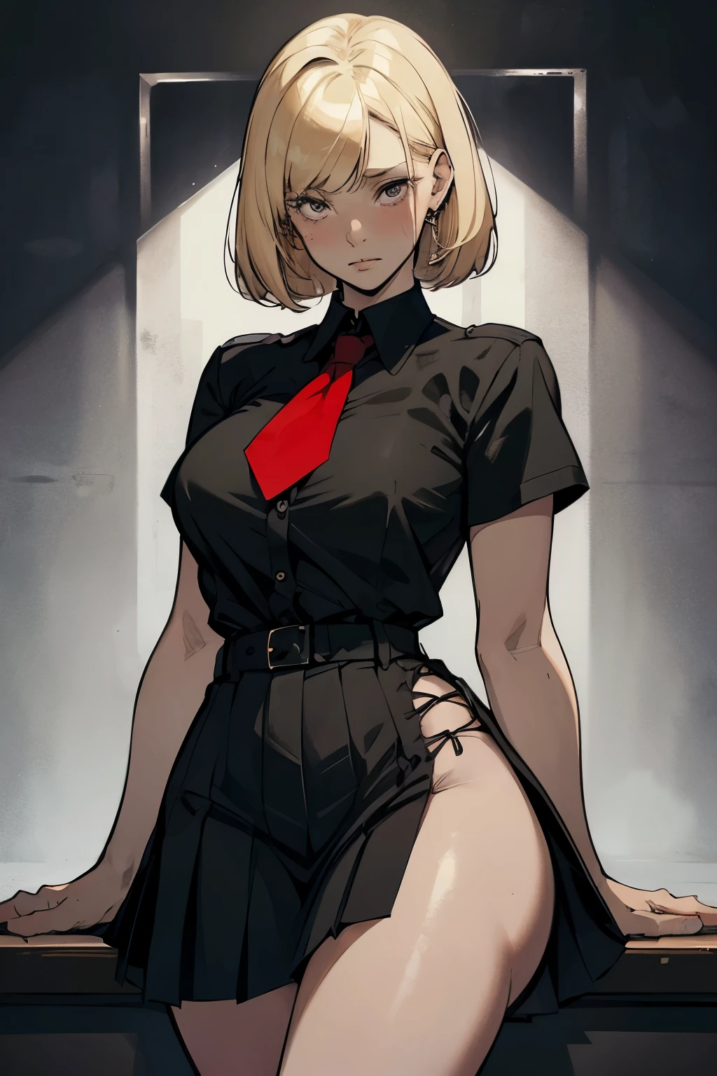 posing, naked breasts, nipples, stomach, open black jacket, office woman, zettai ryouiki, black thighhighs, black miniskirt, blonde hair, short hair, blue eyes, full shot body photo of elegant girl, medium breast, sexually suggestive, seductive smiling, red lipstick, sexy, Intricate, High Detail, Sharp focus, dramatic, photorealistic, best quality, masterpiece