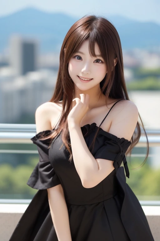 Japanese model in a black dress posing in front of the city, anime girl cosplay, anime cosplay, Gorgeous cosplay,  gothic pretty girl anime girl , elegant glamourous cosplay,  beautiful anime style ;glamourous cosplay, Professional Cosplay,  looking at camera、Detailed and beautiful eyes、Cute smile、 soft and gentle expression 