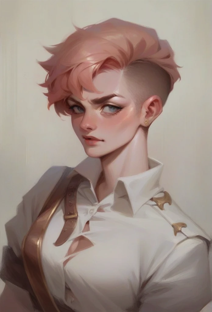 Mature woman, pale skin in pirate outfit, short blond light hair, pixie cut, white shirt.