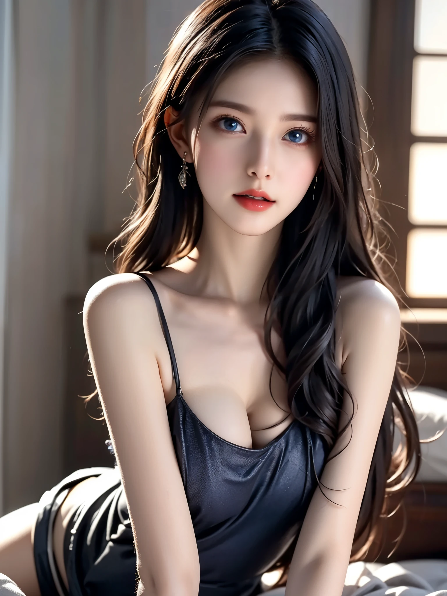  PORTRAIT, Realistic,  elegant mature woman,  blue eyes,  shiny dark hair ,   camisole, bedroom、Beautiful breasts, 4K resolution,  High Quality CG, Beautiful CG, Soft light