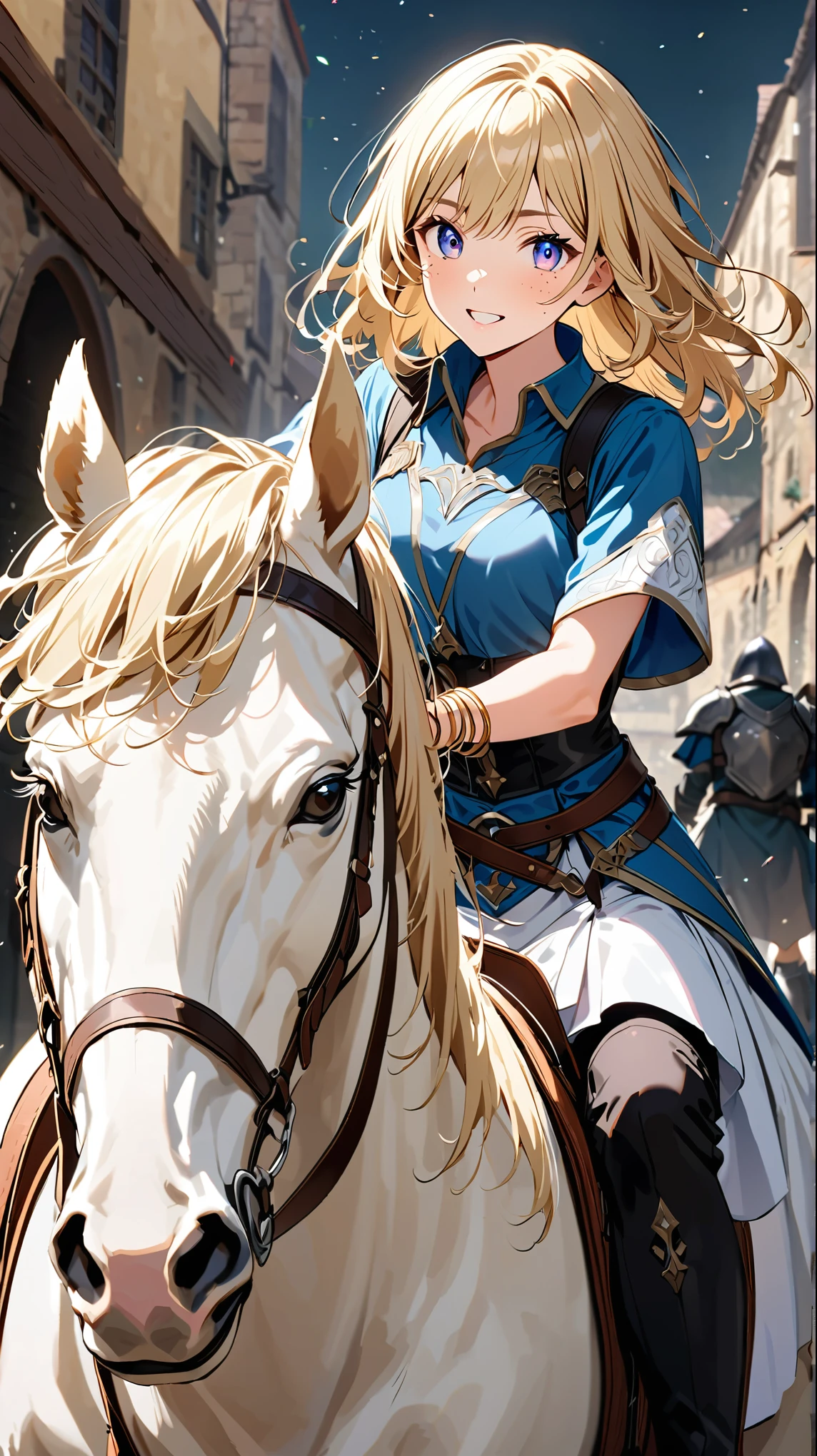 age/gender:26 years old / women
Hair :Blonde。She has her bangs down。
Hairstyle:It's shoulder-length 、Wavy curls。
Eyebrows/eyelashes:Thin, well-groomed eyebrows、eyelashes are long。
eye:Large double eyelids、Gentle impression。
pupil:In blue、 The iris looks like a star 。
Facial features:Small Nose、優しい微笑みのlips。
Blemishes and freckles:none。
ear:エルフ特有の尖ったear。
lips: natural pink 。
skin:White、 smooth。
height:175cm Body:Slim and muscular。
Proportion:B90 / W65 / H92
Leg length/Thickness:long、 Tight 。
Presence/thickness of body hair:No 。
Nail length:Her hair is short and trim。
Holy Knight's armor based on white and blue 。Black leather boots。
accessories rings inlaid with sacred jewels、Bracelet。
Inside the medieval city。
Riding a white horse。Hakuba has a saddle 。 straddles on a Hakuba saddle。
Expression specification :
my mouth is wide open 。Enjoying expression。They seem to be having fun.。My eyebrows are raised 。笑顔なのでeyeは細くなっている。