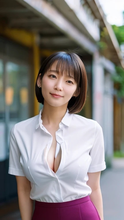 (1 female),beauty,Beautiful Face,smile,(dress shirt:1.4),A dignified appearance,Plump Style,(Saggy breasts:1.3)、(Peeking into this、Front view),Focus on the chest,Ultra-realistic,Ultra-high resolution,highest quality,8k,masterpiece,(random location)、The cutest Yoshioka Riho, (cleavage:1.3),(mini skirt),( smile:0.8),(nipple stand:1.4)