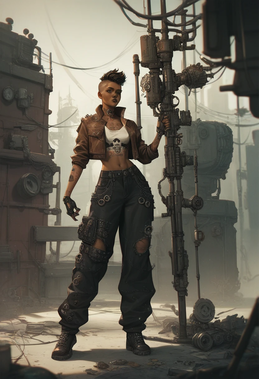 An girl outfit for a character from the series arcane, grunge/goth dark clothes, dark skin, dark , fluo, baggy pants and clothes, detailed clothes, Steampunk, cyberpunk, very detailed, arcane