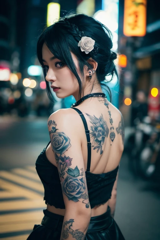 Thai,heartbreak,20 year old young woman, White skin, big breasts, whole body tattoo,outdoor, complex tattoo, punk style_~ over_shoulder, big_chest, long hair, A somber expression, whole body, sexy pose, muscular, Thigh tattoo, arm tattoo, upper chest tattoo, Clothing that exposes the body, Short hair, abdomen tattoo, back street, front photo,