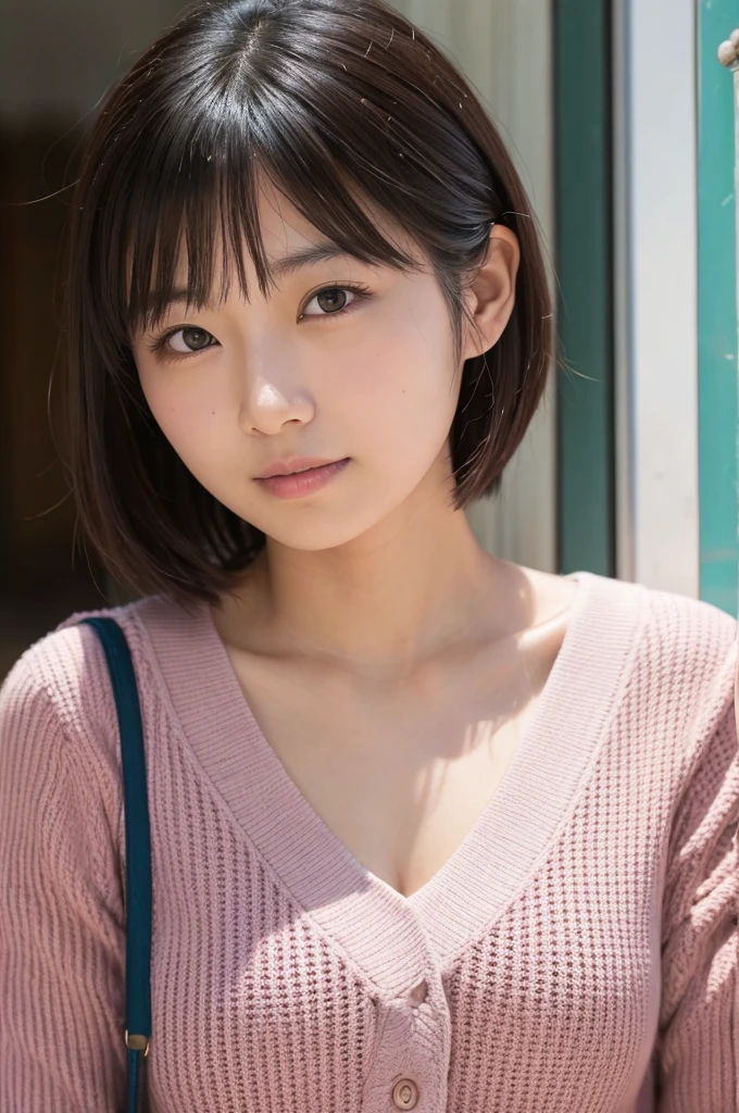 japanese woman, head shot, from front, serious expression, brown eyes, medium hair, bangs, warm tones, industrial buildings, photography, simplicity, high resolution, natural makeup, young adult, Fujifilm XT3, Canon R5, Fujicolor Fujichrome Velvia 100,smile,Upper body photo、Short Hair、