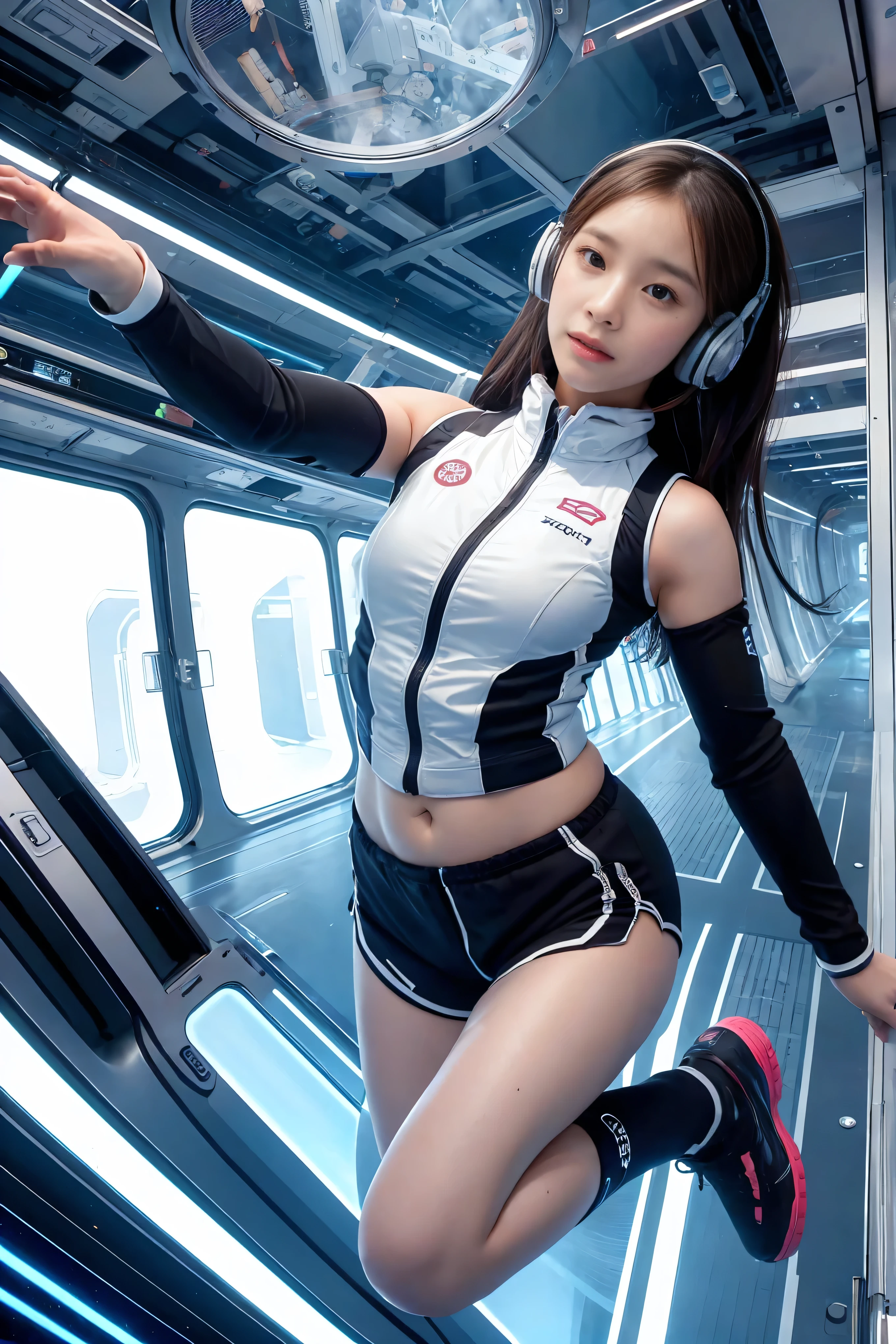 top-quality,Top image quality,in 8K,4K,​masterpiece,Ultra-detailliert,beautiful,Ultra-quality, best quality,expensive resolution, Ultra-  Details,Game CG,dutch angle,( acrobatic poses ):5,jumping:5,(inside spaceGet up to the station,)beautiful   Details eye,five refer to, headphones,nsfw,a Beauty girl,( astro vest ):5,(Tracking uniFormss),Wet,(steam:1.5),Running Forms,open open mouth,(Black Hair),(Floating long hair ):2,Big Breasts,belly button,space_Get up to the station_interior,  exercise _room, Futuristic, expensive_  Rubik's like technology , zero_gravity_ exercise _machine, expensive_resolution_landscape, Sophisticated_ design, Minimal, 8k_resolution, Game_CG_ style , Dutch_angle,   Details_  characters, Tracking_uniForms, perfection_ Running_Forms, intense_Performance,   Details_eye, Determination, steam:1.5, Beauty, Strength, five_refer to, visible_belly button, open_mouth, Ultra_quality, expensive_resolution, Ultra_  Details, astro vest ,Inside the spaceship,