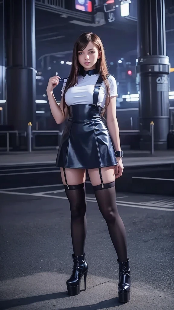  full body  , fitted figure , cute beautiful teen girl,  beautiful cute teen faces with big lips ,  blue sexy military leather skater  pinafore dress,  short  sleeves ,  bleck leather short  skater skirt, red tie , brunette long hair,  Beautiful eyes. stockings,   thick platform shoes, high heels , military girl standing in front of the futuristic city ,  photorealistic, Full body 