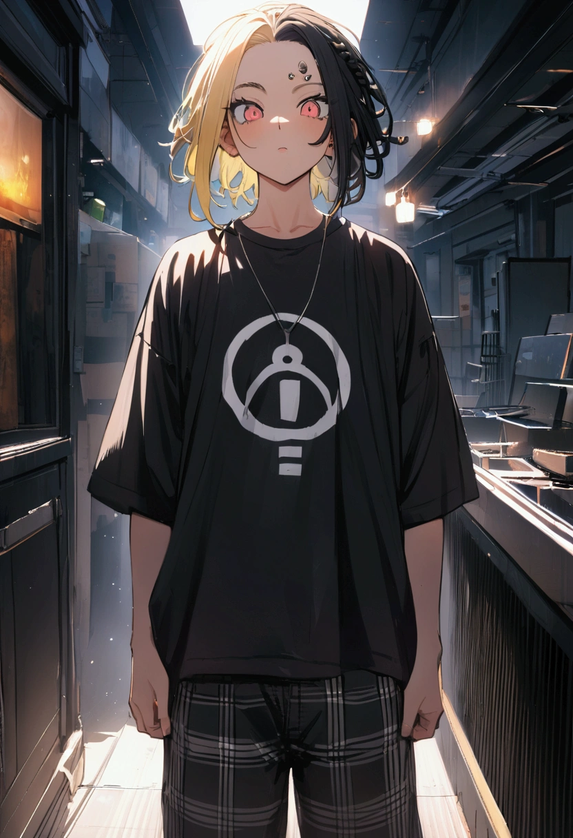 (best quality, masterpiece). 1 black man, 19_years_old, short black dreadlock hair [with colored blonde highlights], black iris color, eyebrow with lines [detail of eyebrow piercing], wearing a hoop piercing under the lip, wearing white t-shirt, wearing a black sweatshirt with a gang symbol, wearing men's loose red plaid jeans [black lines], wearing white Nike sneakers. [[dynamic camera:1.2]], unique lighting.